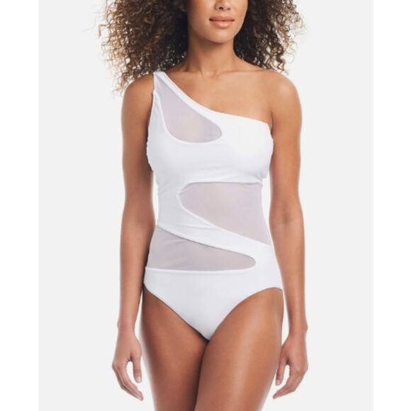 NEW Bar III White One Piece Swimsuit Size Small Cut Out Mesh One Shoulder Swim - Picture 1 of 7